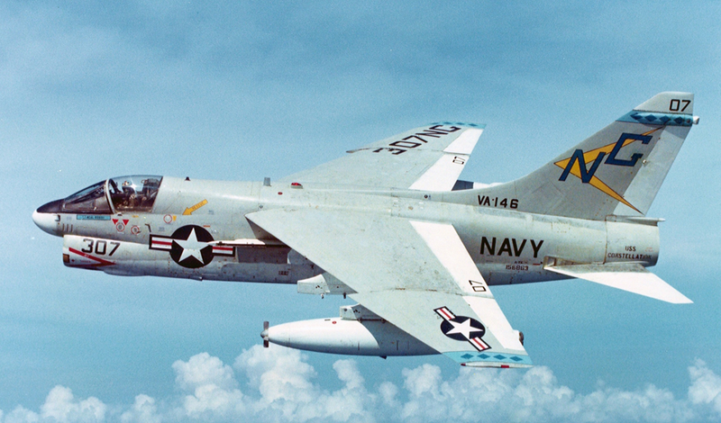 A U.S. Navy LTV A-7E Corsair II of Attack Squadron 146 (VA-146) “Blue Diamonds” in flight in 1974 (US Navy)